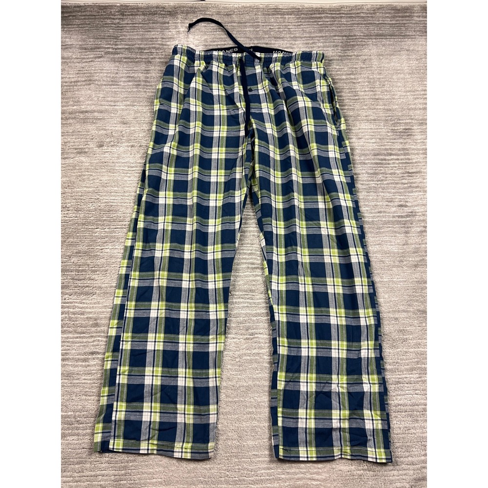 Hanes Pajama Pants Mens L Blue Green Plaid Drawstring Cotton Blend Sleep Bottoms